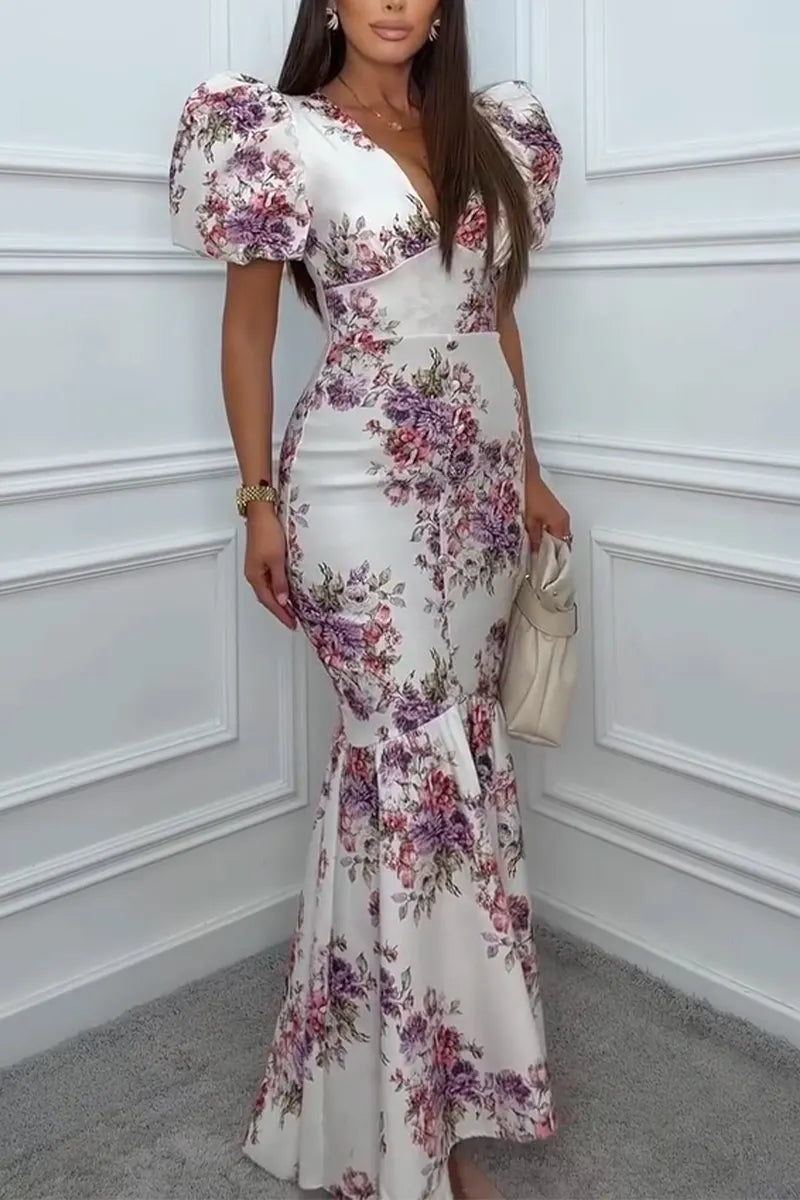 Women V-neck Slim Fit Patchwork Print Elegant Temperament Dress