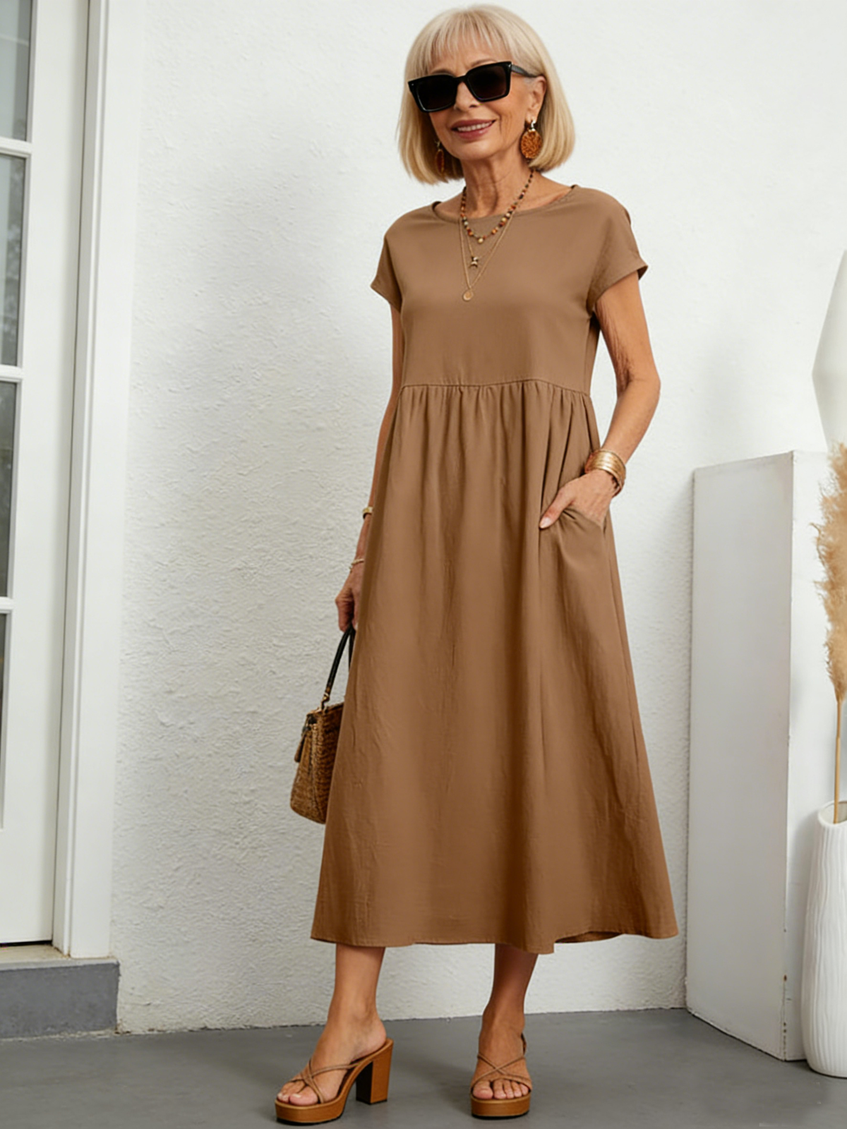 Solid Color Sleeveless Loose Cotton and Linen Pockets, Dress