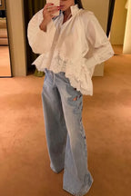 Women Stand Up Collar Patchwork Lace Patterned Top or Washed Side Patterned Hollowed Out Jeans