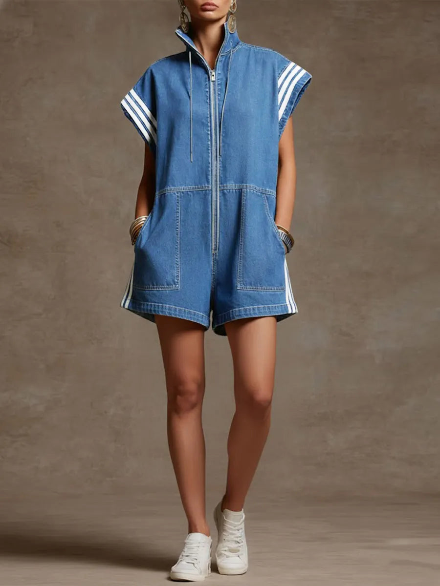 Women's Stand-collar Short-sleeved Casual Loose Short Denim Wide-leg Jumpsuit