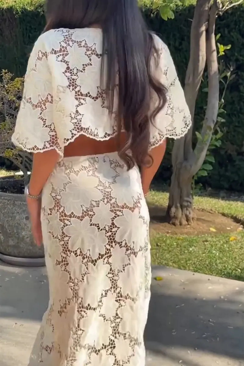 Women's Elegant Resort Lace Cutout Top & Long Skirt
