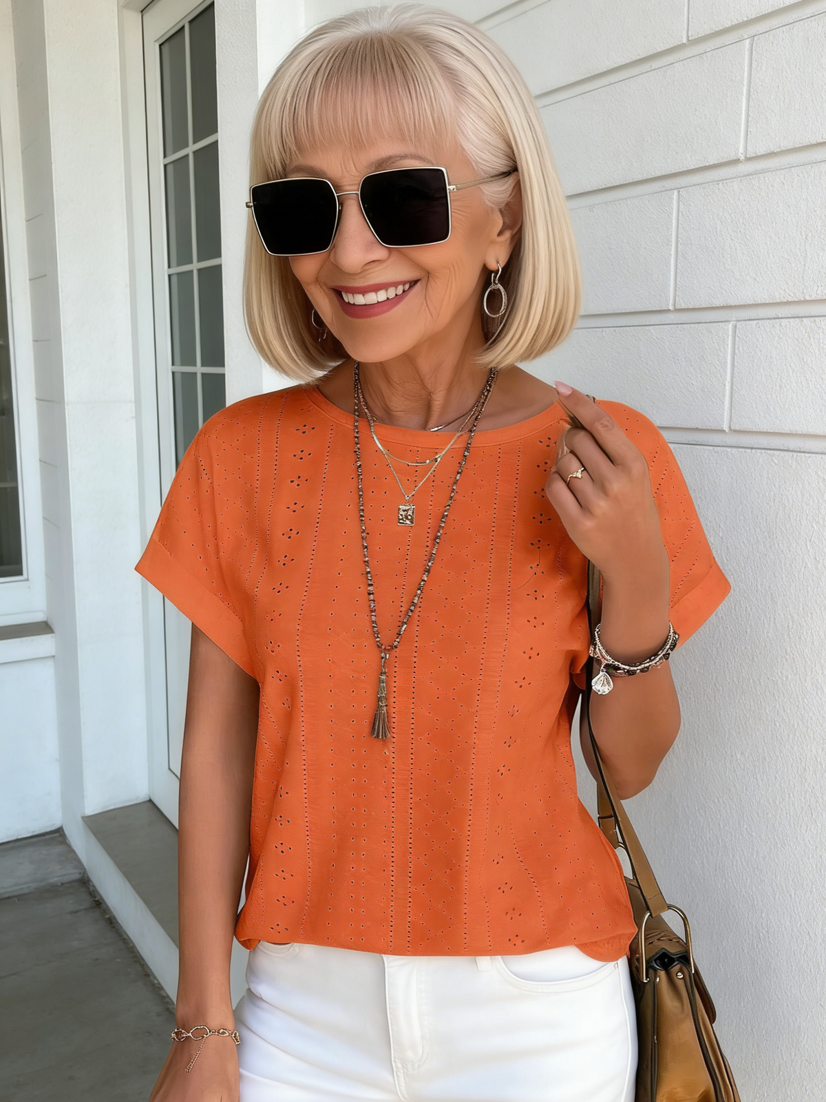 Textured Fabric Solid Color Crew Neck Loose Short Sleeve T-Shirt Top Women