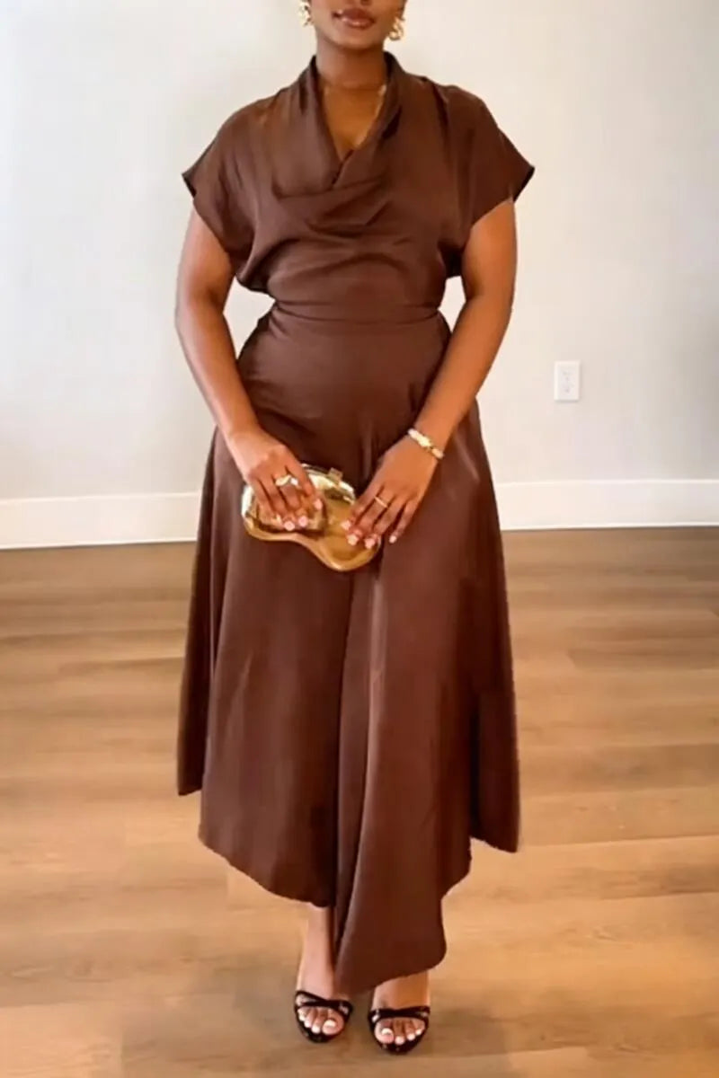 Women V-neck Waist Cinched Solid Color Elegant Casual Dress