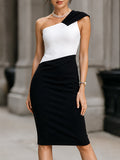 Asymmetric Colorblock One-Shoulder Pencil Midi Dress