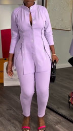 Women Round Neck Button-down Top and Pants Casual Suit