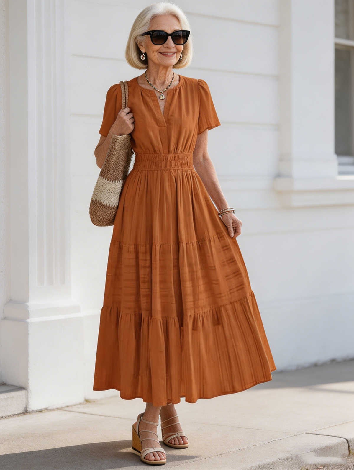 Cotton Fashion V-neck Pleated Bubble Sleeves Layered Pendulum Dress Women