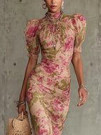 Vintage Rose Print Maxi Dress With Puff Sleeves（Accessories not included）
