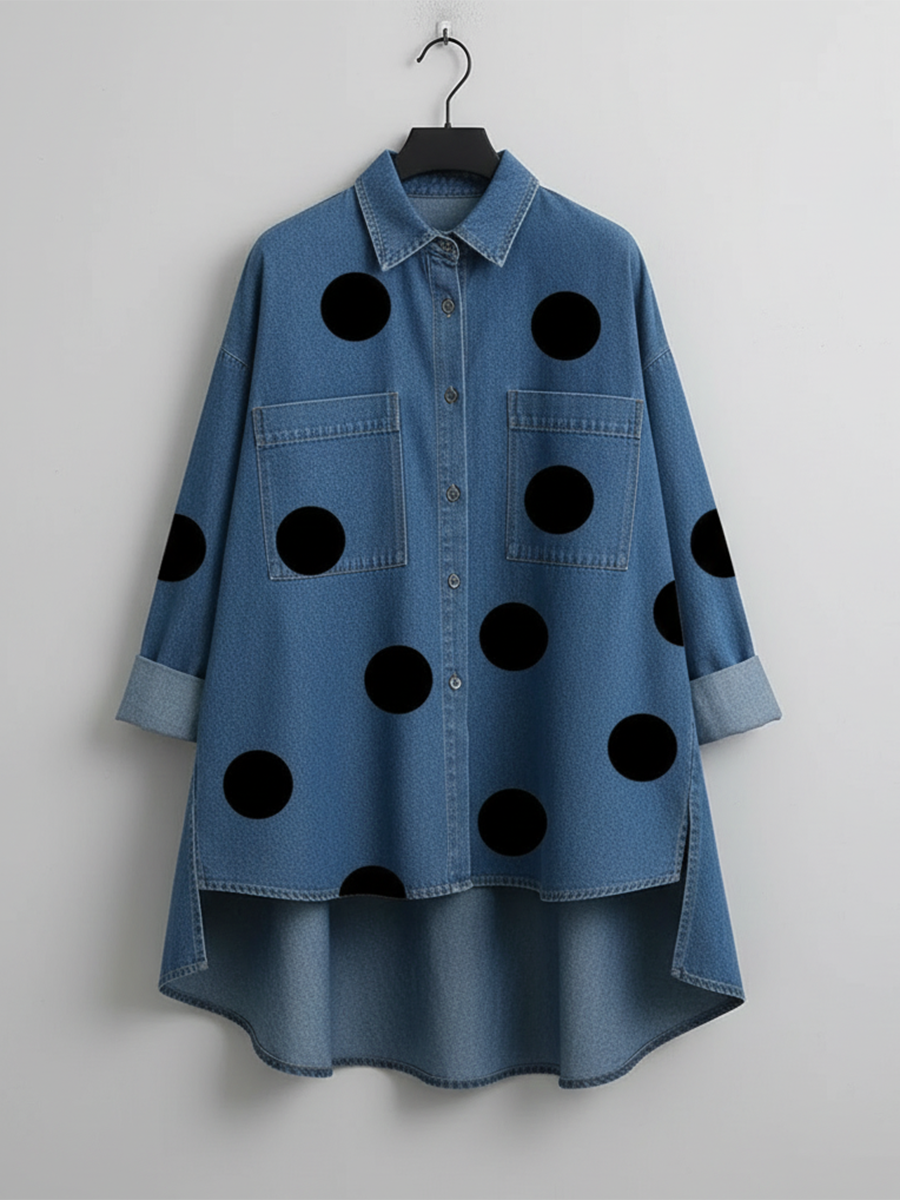 Elegant Artistic Polka Dot Print Stand-collar Cotton Top