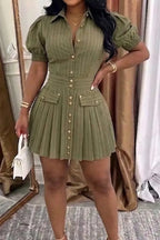 Women's Striped Puff Sleeve Cropped Commuter Dress