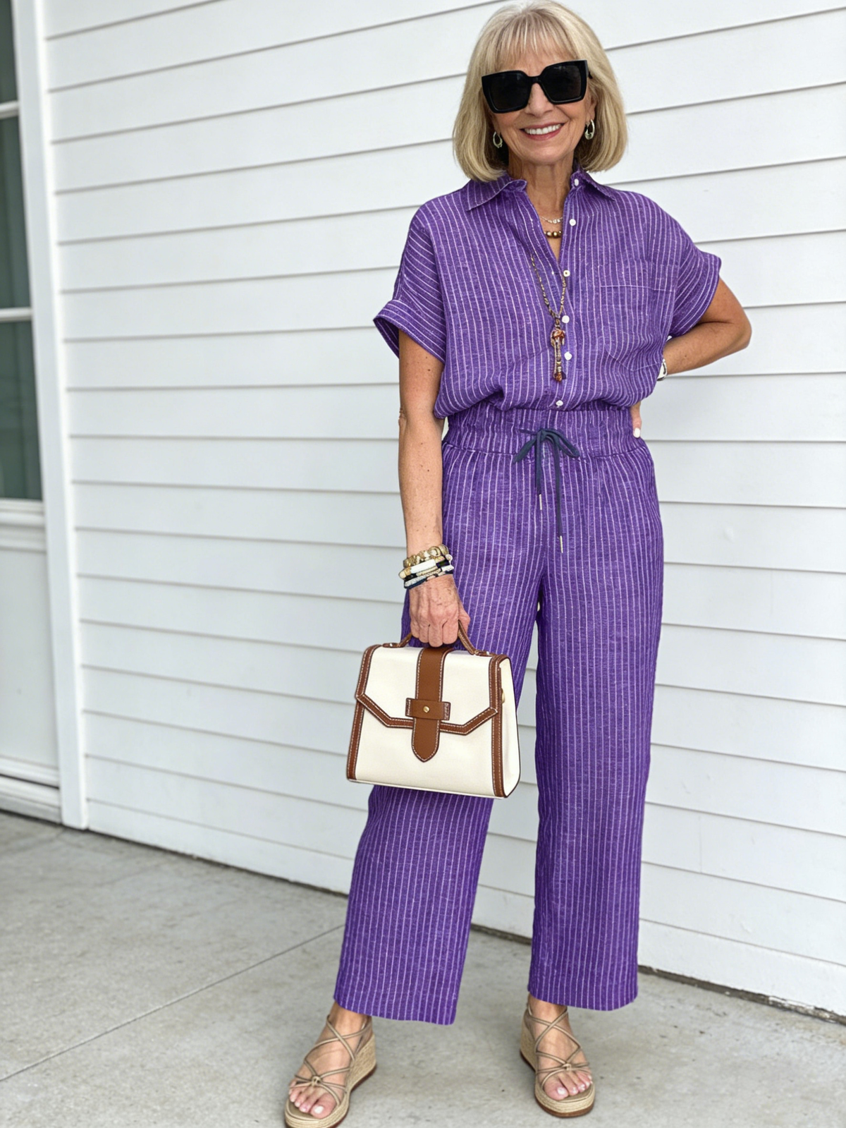 2Pcs Plus Size Cotton and Linen Striped Suit Lapel Short Sleeve Straight Trousers