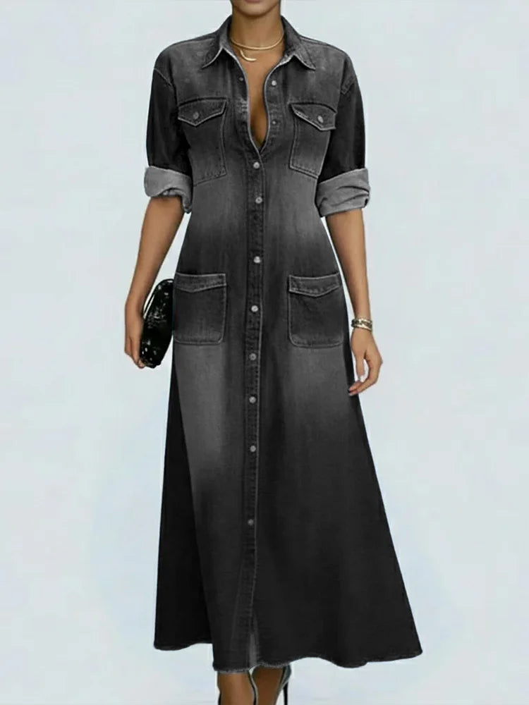 Women's Lapel Long-sleeved Button Casual Loose Denim Shirt Dress