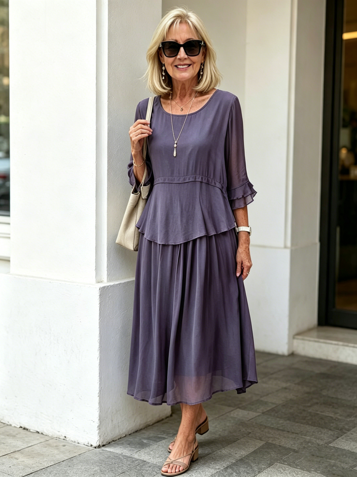 Purple Fake Two-Piece Tiered Chiffon Midi Dress, Round Neck Ruffle 3/4 Sleeve Loose Tummy Concealing Age-Reducing Dress for Mature Women