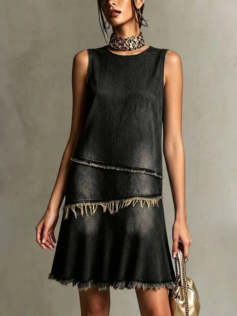 Retro Casual Sleeveless Frayed Denim Dress