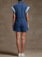 Women's Stand-collar Short-sleeved Casual Loose Short Denim Wide-leg Jumpsuit