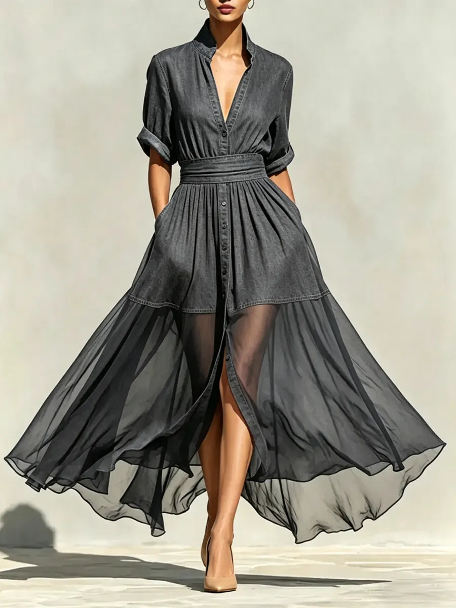 Women's Casual Denim And Mesh Splice Dress