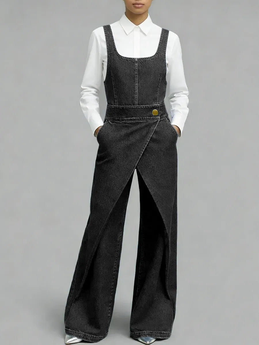 Women's Square-neck Sleeveless Loose-fitting Denim Wide-leg Jumpsuit