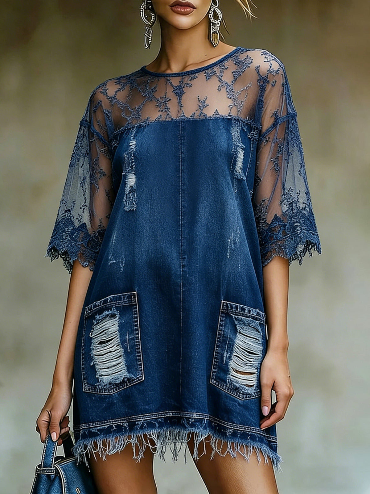 Bohemian-style Denim Mini Dress With Round Neck, Three-quarter Sleeves, And Contrast Piping