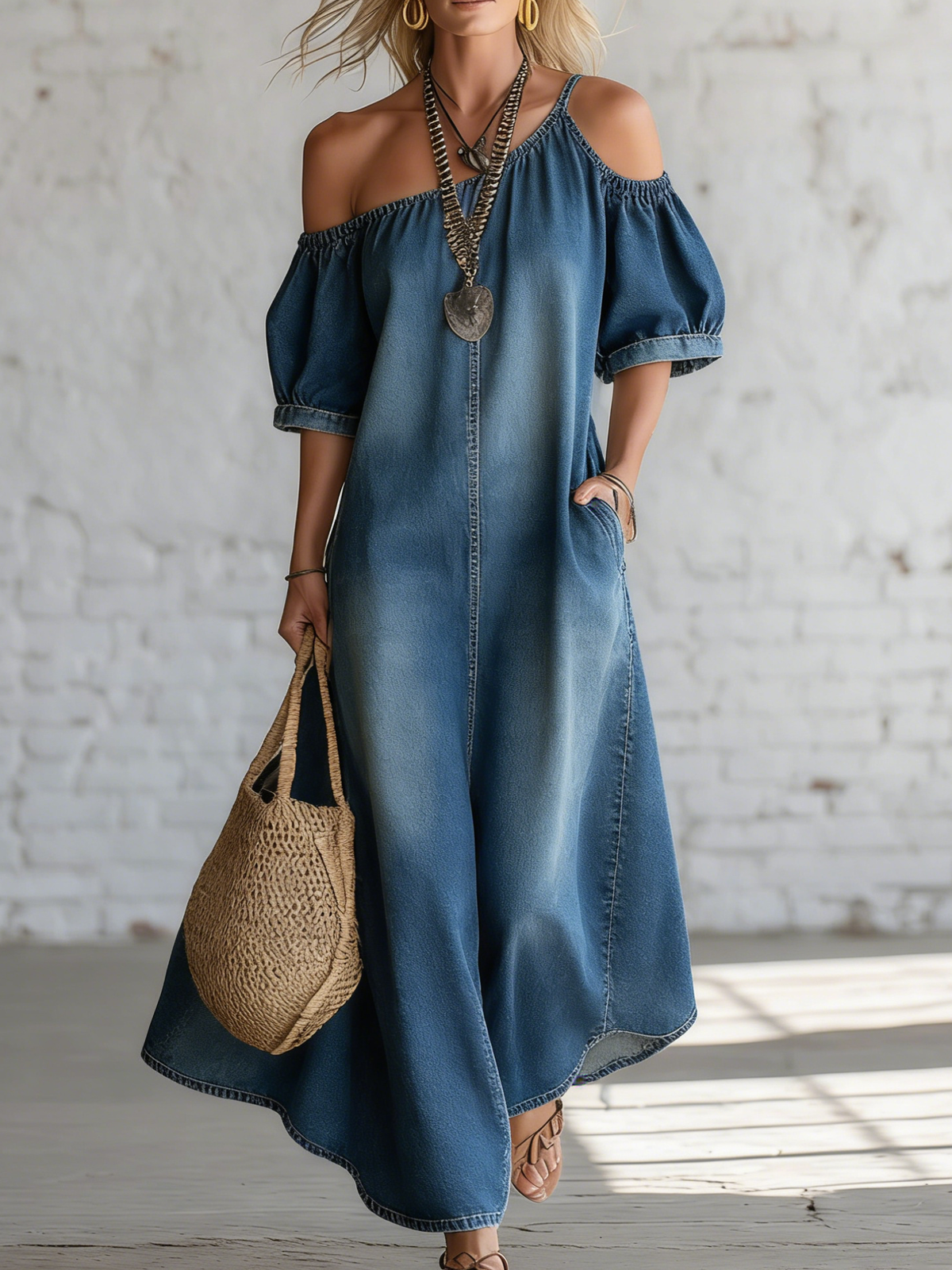 Elegant Off-shoulder Slit Hem Denim Maxi Dress