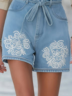 Vacation Casual White Embroidered Light Blue Denim Shorts