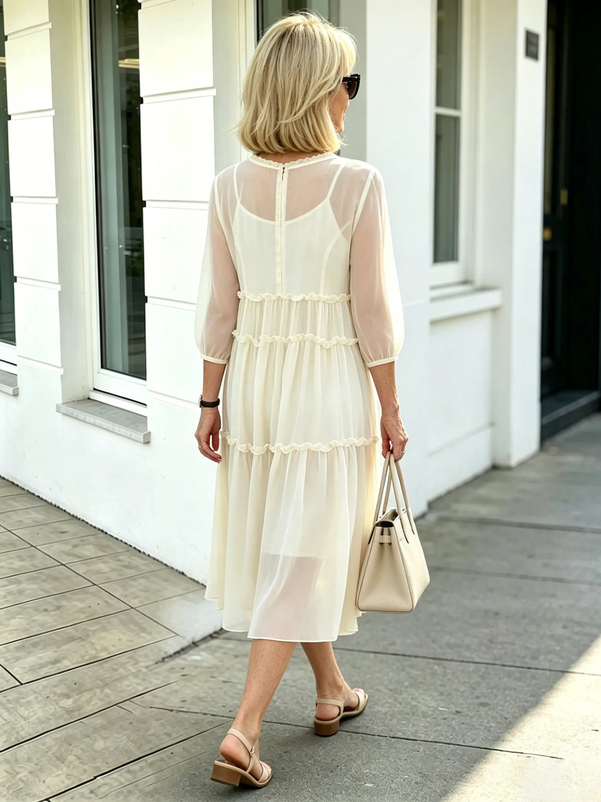 Light Blue Tiered Ruffle Chiffon Midi Dress, Round Neck Flutter Short Sleeve Loose Plus Size Elegant Women Dress