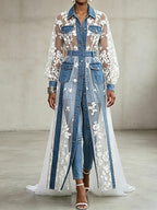 Vintage-style Blue Lace & Denim Maxi Dress â Collared, Sheer, With Lantern Sleeves And Contrast Accents