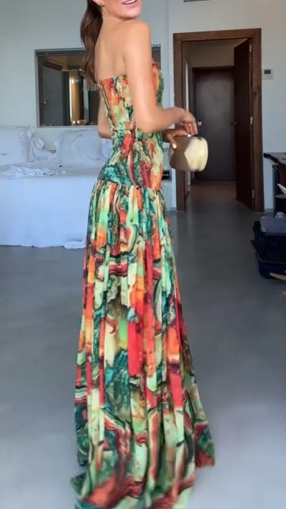 Ladies Strapless Patchwork Multi-color Elegant Temperament Dinner Party Dress