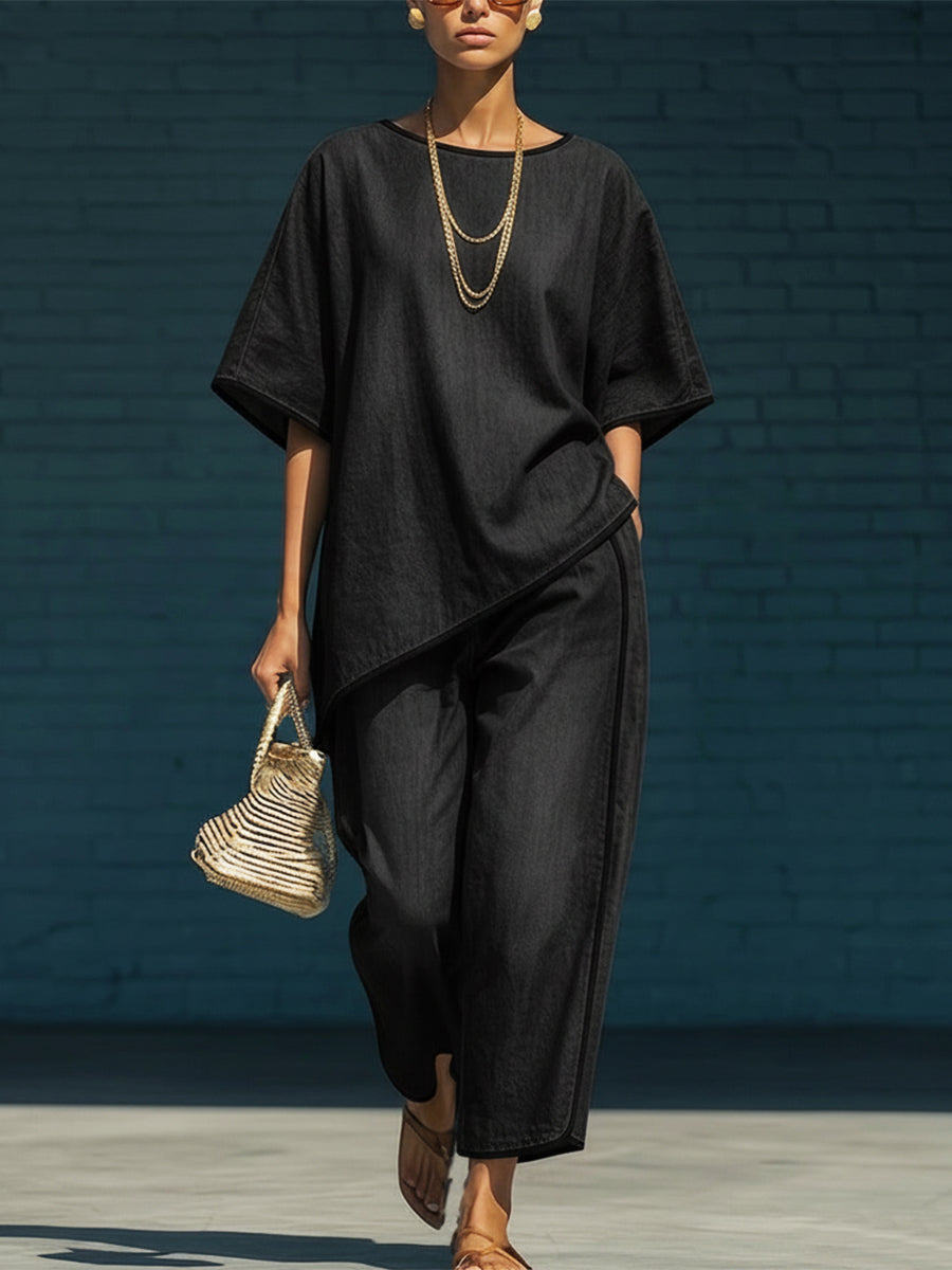 Artistically Cut Decorative Trim Denim Two-piece Set