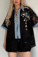 Women Collar Hot Stamping Diamond Pattern Splicing Denim Top+ Shorts Casual Set