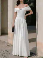 Halter-Off-Shoulder Twist-Front Gathered-Waist Maxi Dress