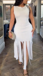 Women Round Neck Slit Solid Color Casual Dress