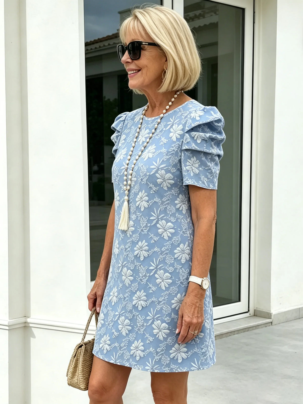 Bubble Sleeve Textured Jacquard Crew Neck Vintage Style Dress