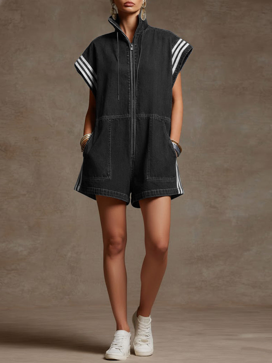 Contrast Color Drawstring Pockets Split-Joint Striped Zipper Loose Sleeveless Stand Collar Rompers
