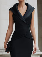 Structured Sculpted Shawl Collar Sleeveless Pencil Midi Dress