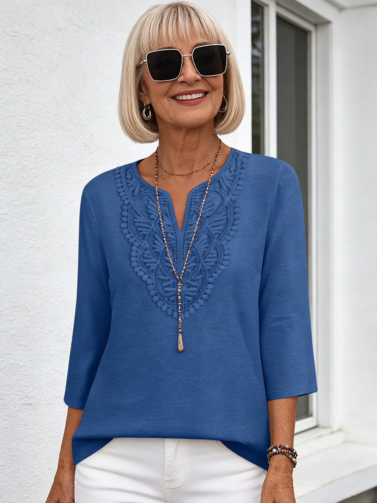 V-neck Lace Splicing Loose Women's Solid Color Seven-quarter Sleeve T-shirt Top Solid Color