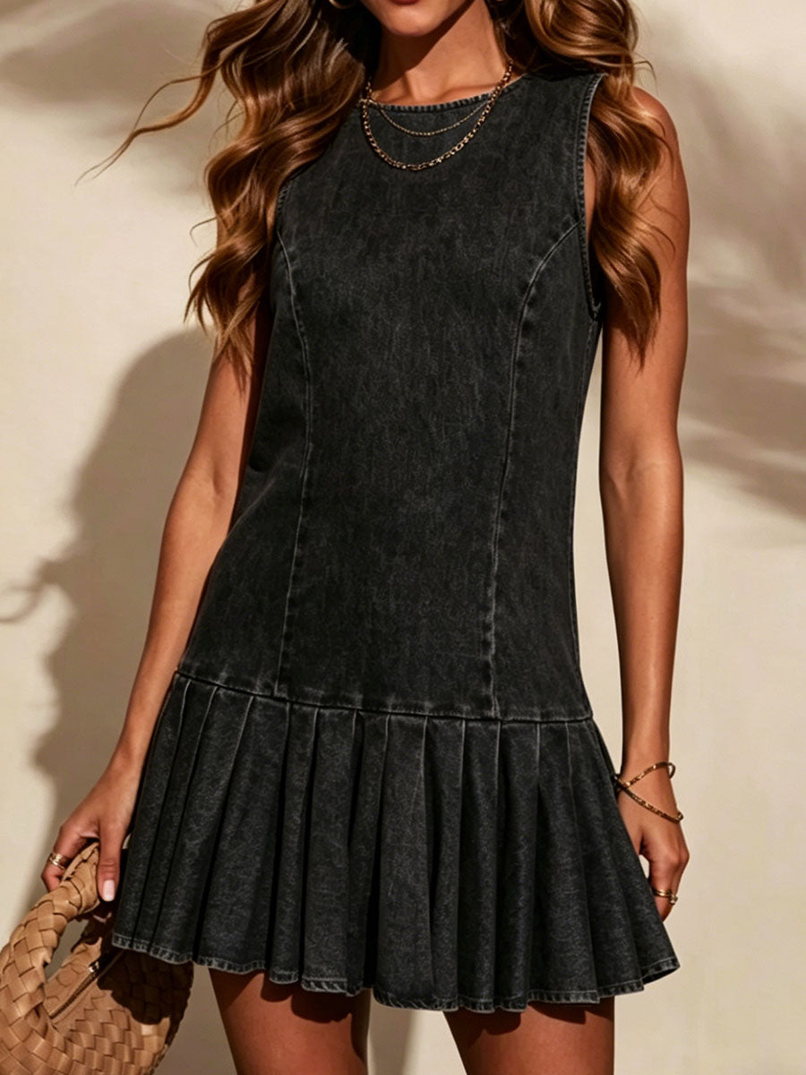 Women's Casual Loose-fit Round-neck Sleeveless Ruffled Dress