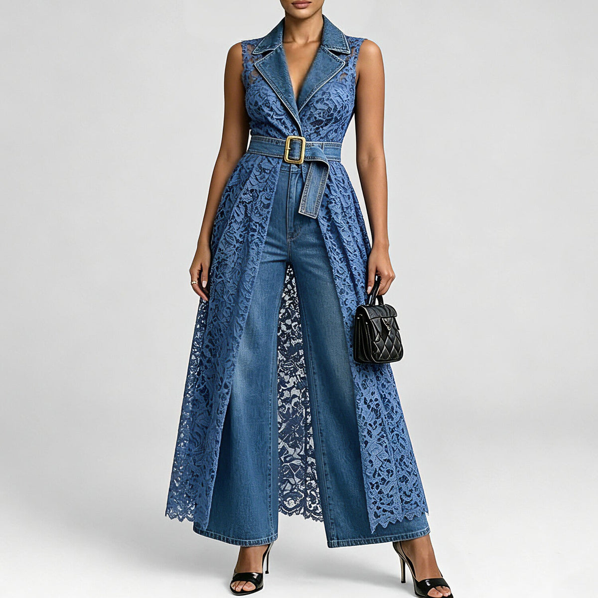 Women's Sleeveless Jumpsuit With Denim And Lace Paneling