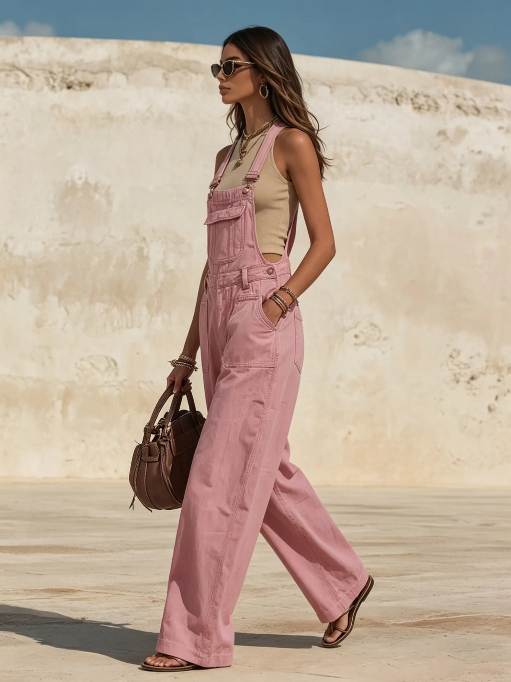 Resort-style Pocket Solid Color Denim Overalls