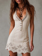 Vintage-style Pure Cotton Mini Dress With Cutwork Embroidery Hem