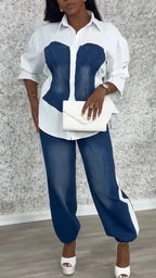 Women Laple Collar Splicing Denim Washing Water Casual Set