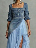 Women's Retro Denim Organza Patchwork Art Casual Maxi Dress