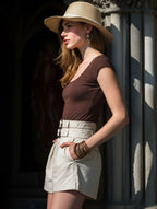 Resort-Style Double-Belted Beige Denim Shorts
