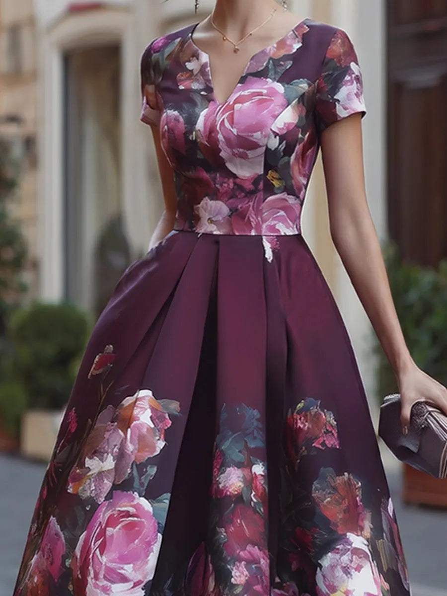 Floral A-Line Midi Dress With Fitted Bodice