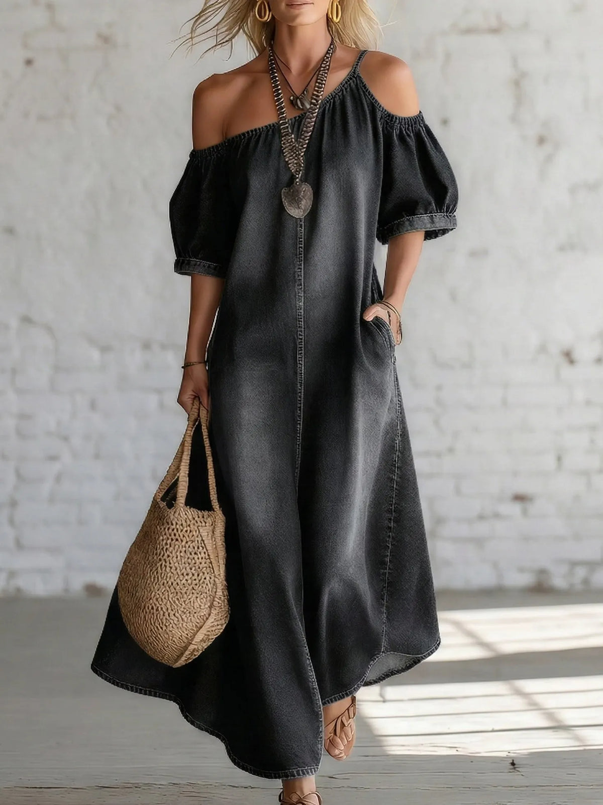 Elegant Off-shoulder Slit Hem Denim Maxi Dress