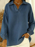 Casual Polo-neck Denim Pullover Shirt