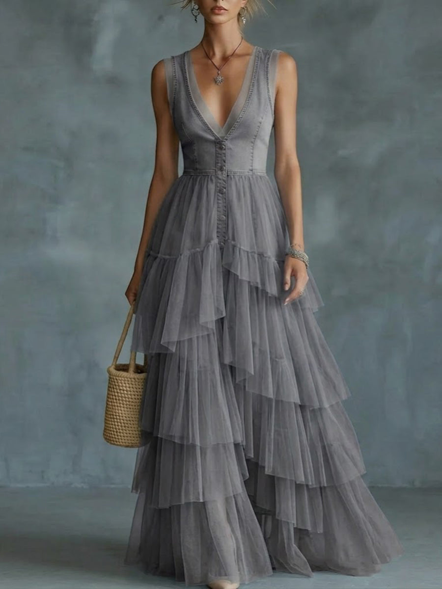 Stylish And Elegant Spliced mesh Denim Dress