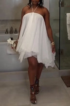 Women Neck Hanging Patchwork Solid Color Sexy Casual Dress