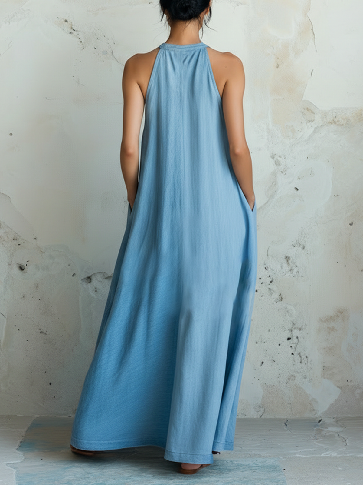 Light Blue & Pink Colorblock Tencel Denim Halter Maxi Dress