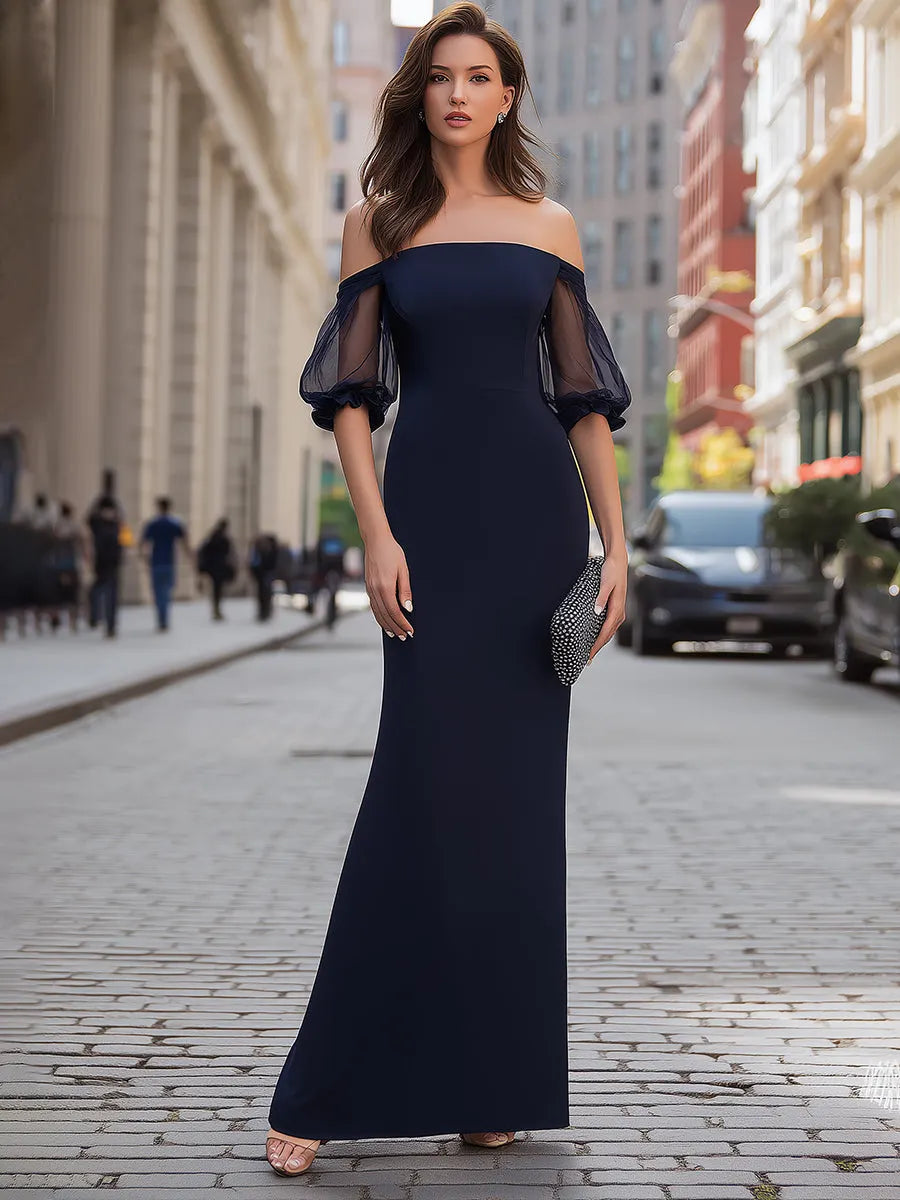 Off-Shoulder Sheer Sleeve Maxi Dress With Sculpted Silhouette