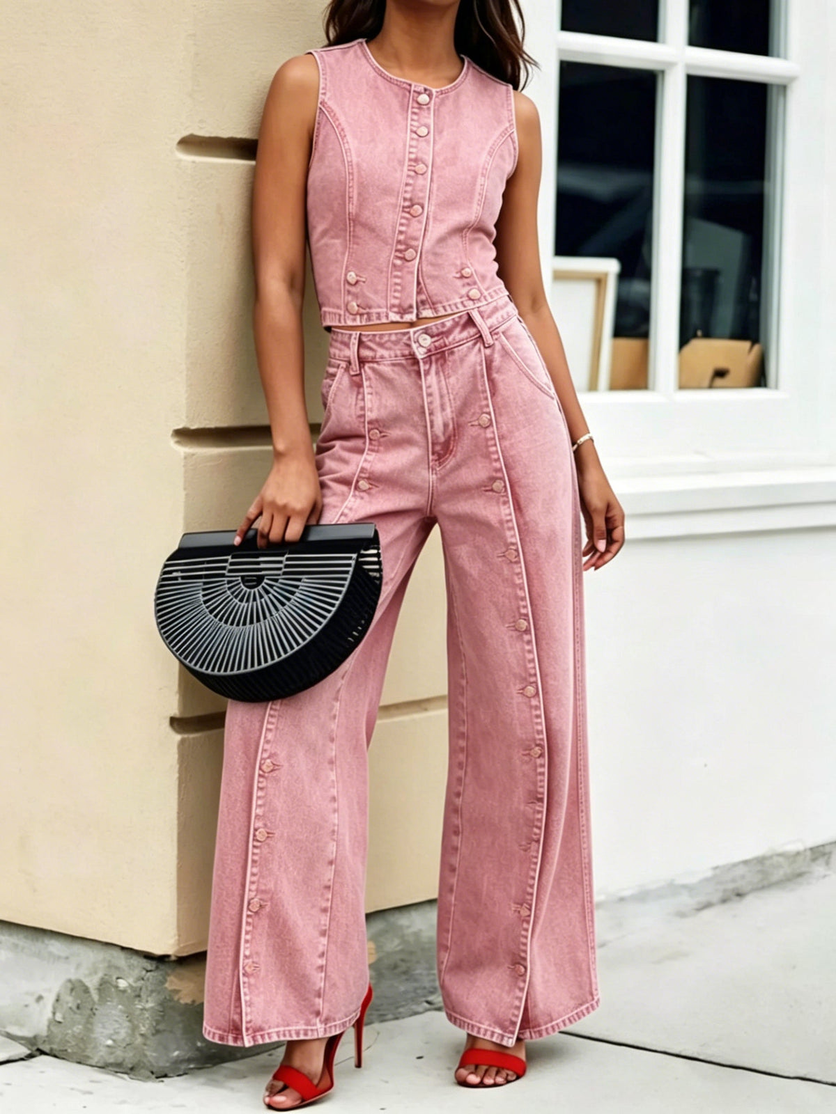Retro Denim Crop Top & Wide Leg Jeans Set