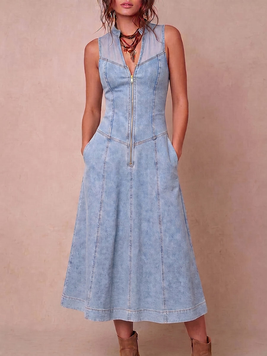 Women's V-neck Sleeveless Casual Loose Denim-paneled Dress